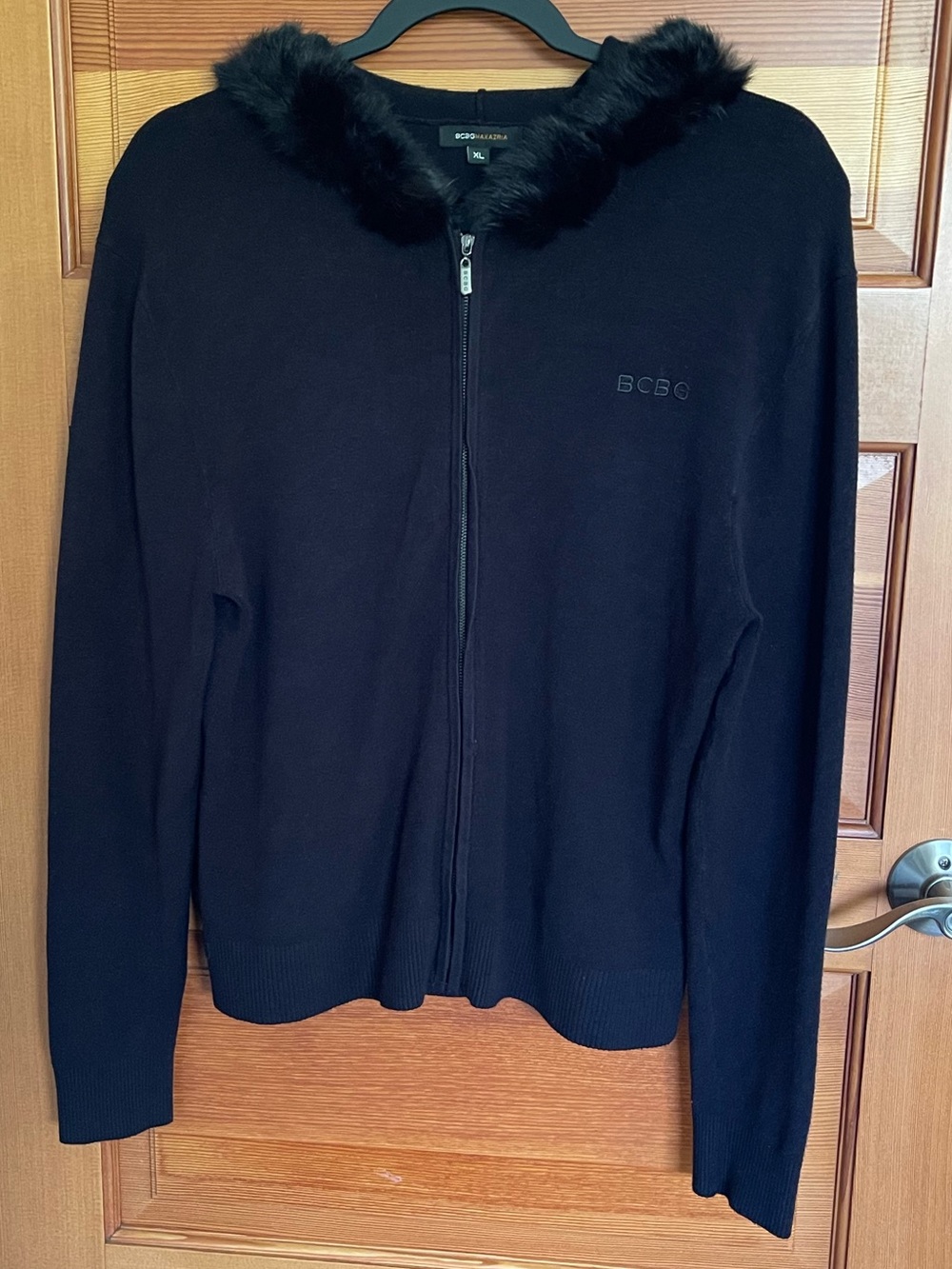 Vintage RARE BCBGMaxAzria Black Zip-Up Jacket with Faux-Fur Trim Hood - XL